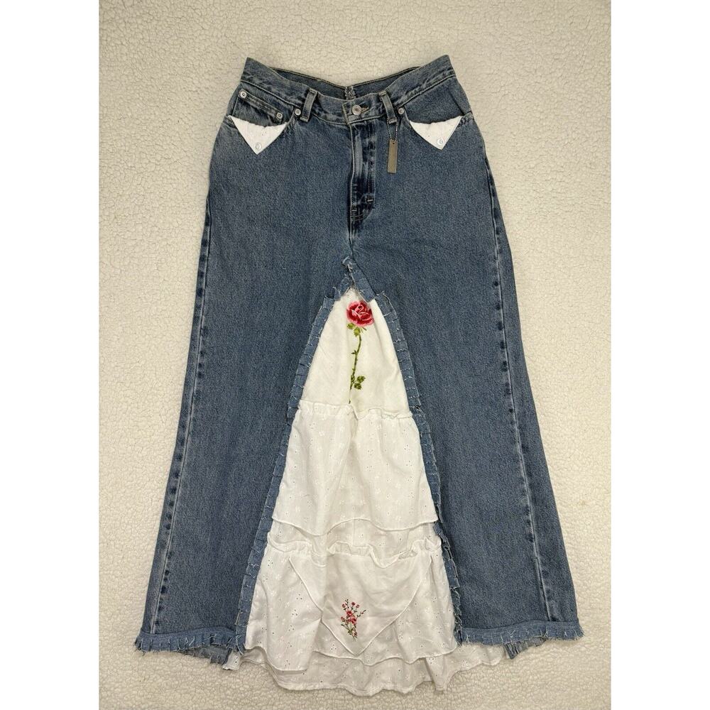 Vintage Y2K Tommy Hilfiger Front Lace Panel Denim Blue Jean Maxi Skirt A Line
